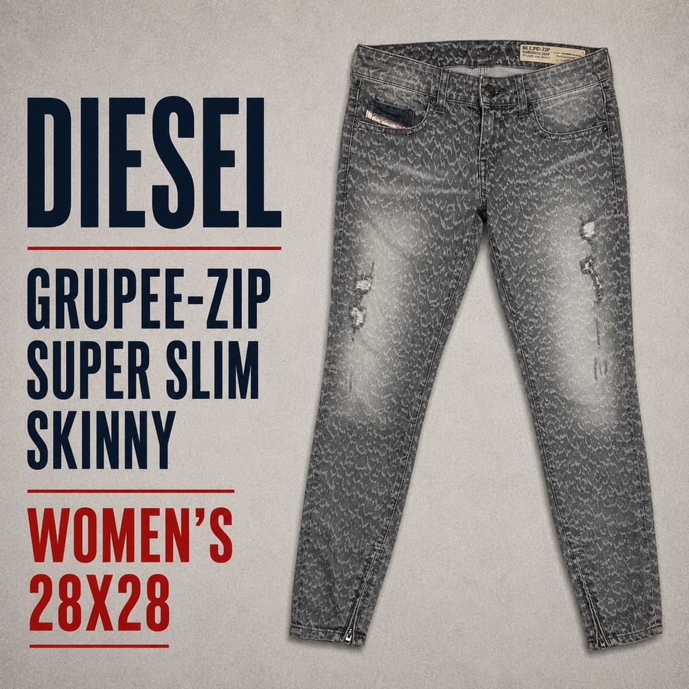 Diesel Grupee-Zip Super Slim Skinny Jeans Grey Animal Print Distressed 28x28